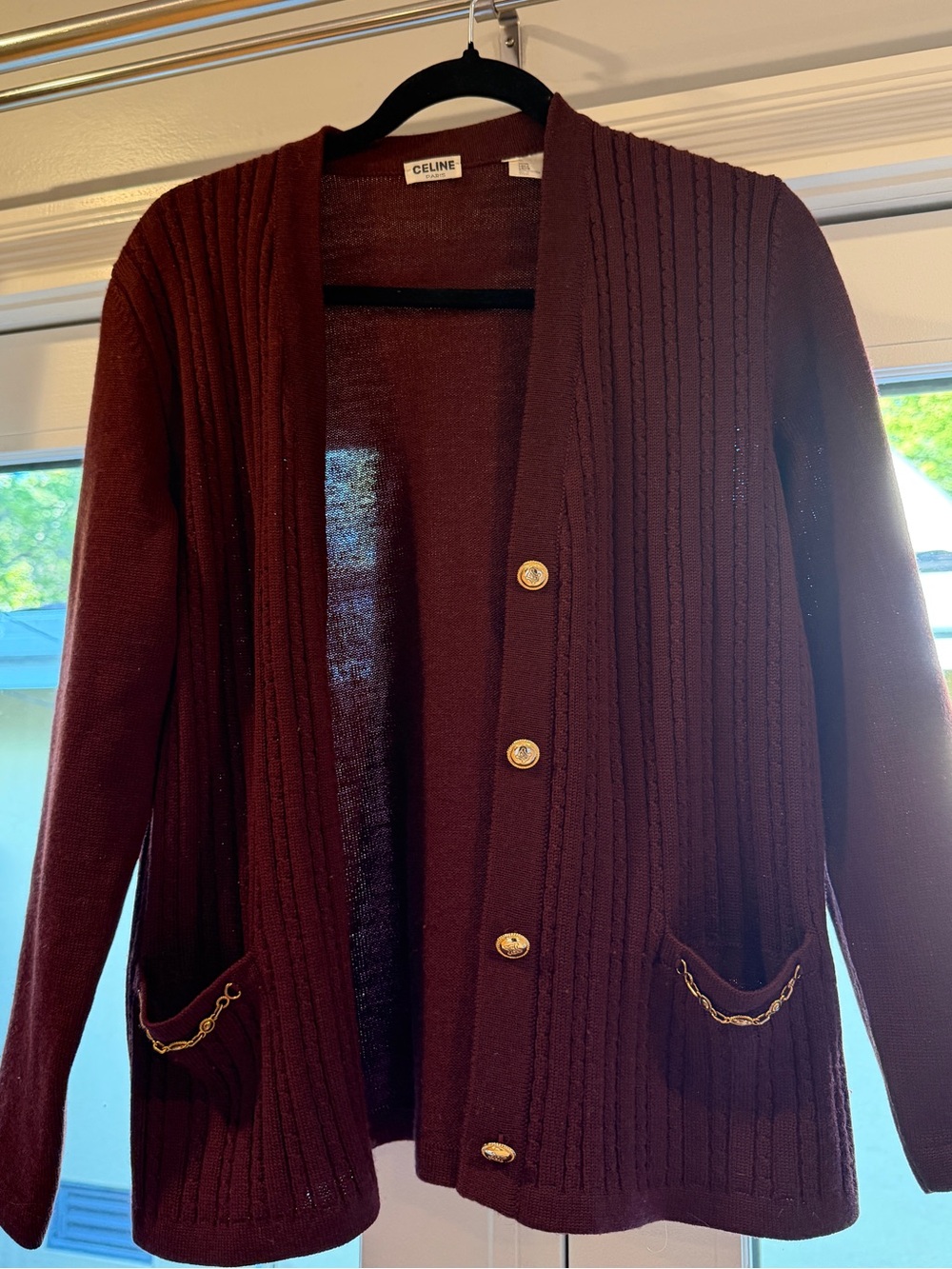 Celine Wine Ribbed Knit Cardigan with Gold Chain Trim